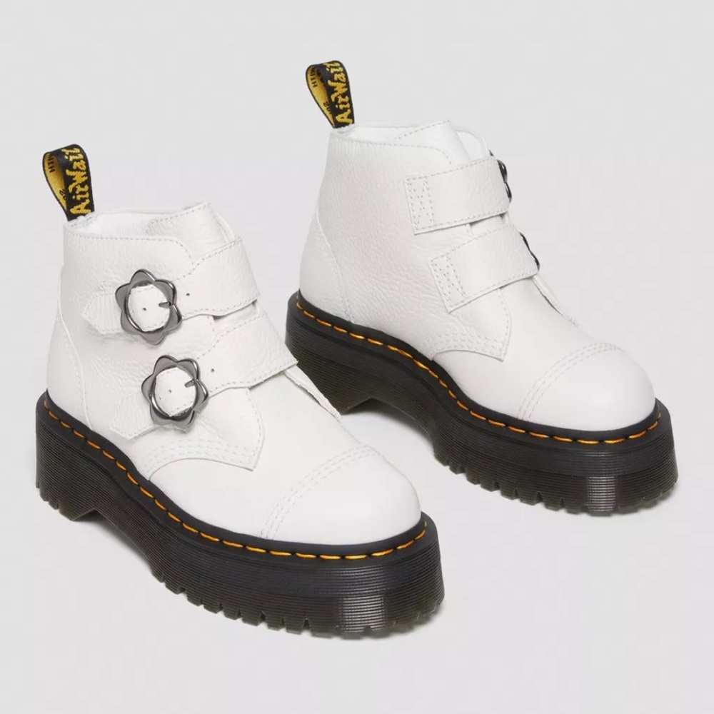 DR. MARTENS DEVON FLOWER BUCKLE LEATHER PLATFORM BOOTS WHITE